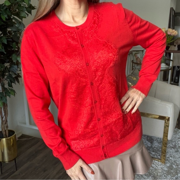 Marie Lund Vtg Red Long Sleeves Button Lace Knit Cardigan Sweater Holidays XL - Picture 4 of 14